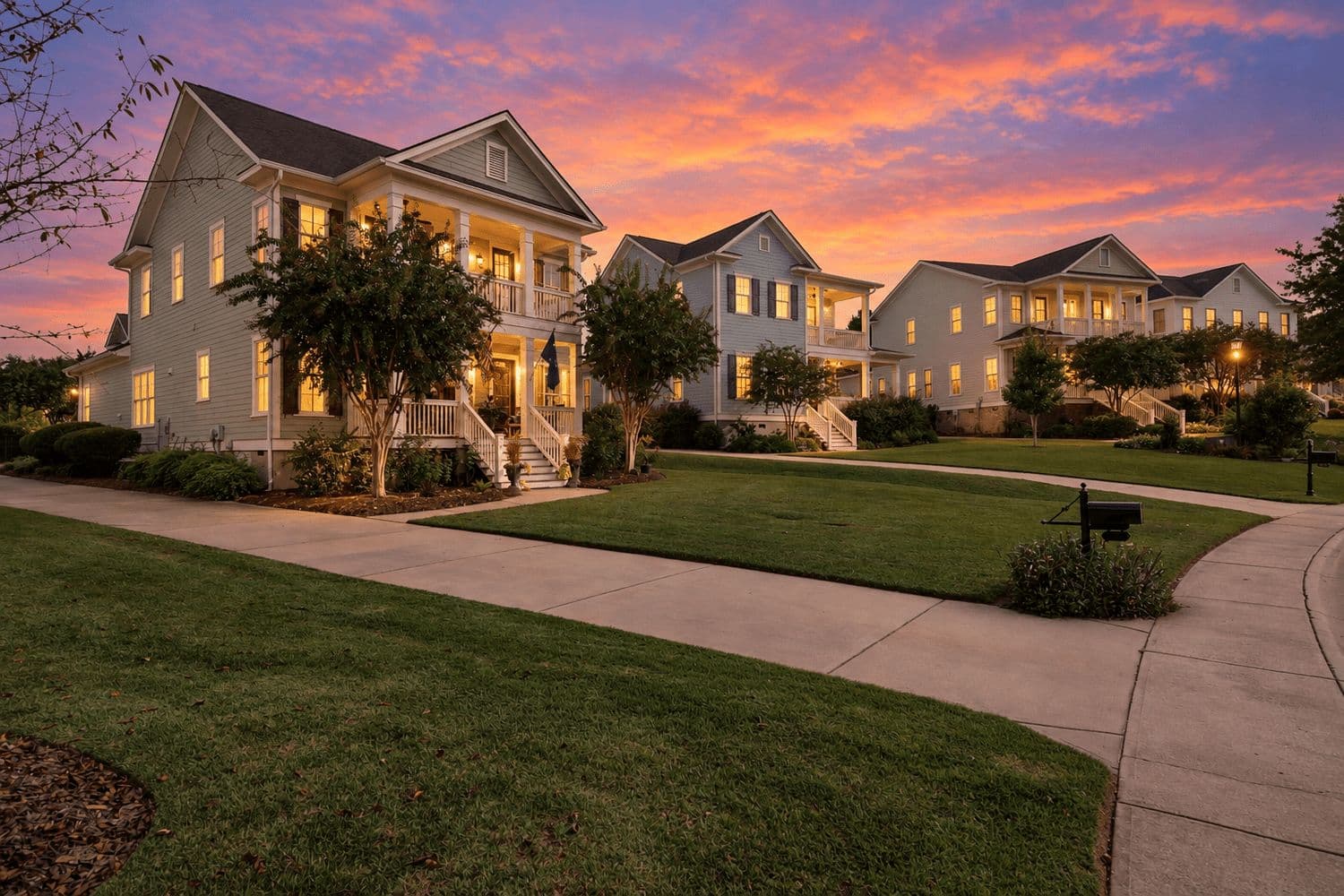 Row of two-story homes with front porches along a curved sidewalk at twilight
