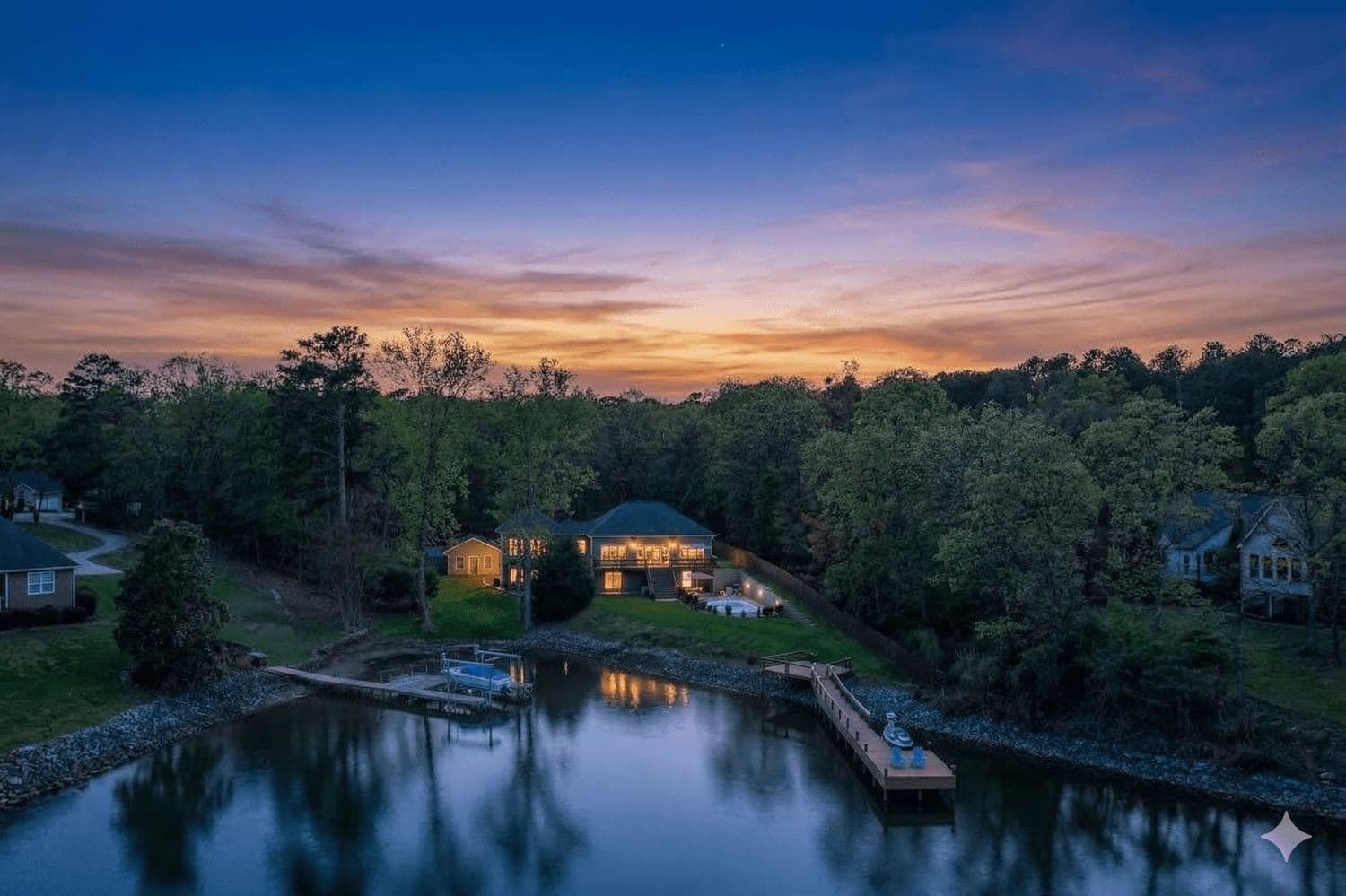 Twilight aerial of a single lit house among dark trees on the lake