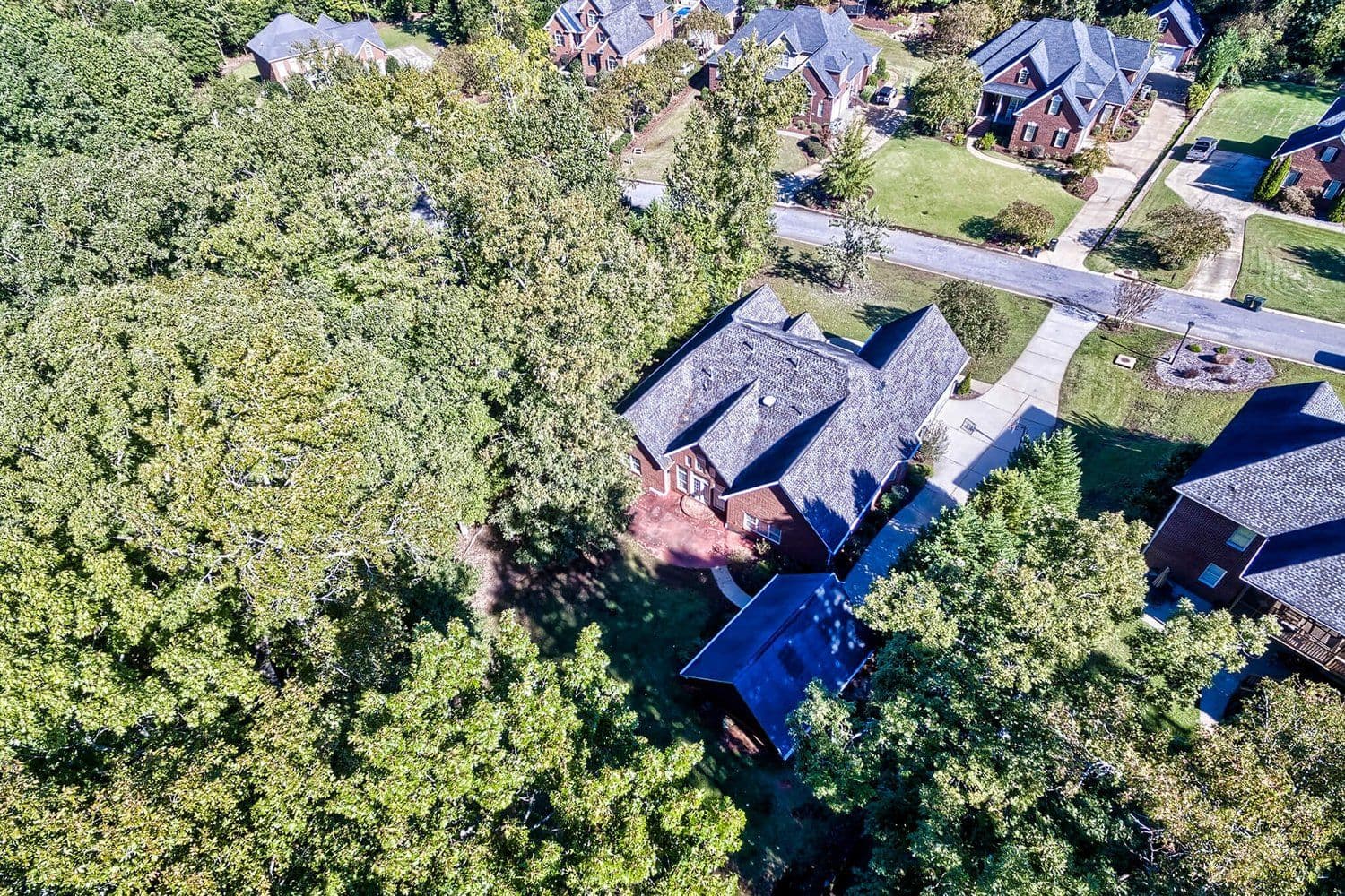 Aerial view of a dark-roofed home among dense trees