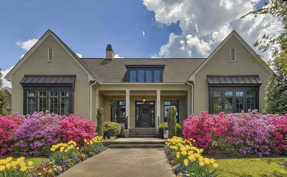Cottage-style home with pink azaleas in the foreground