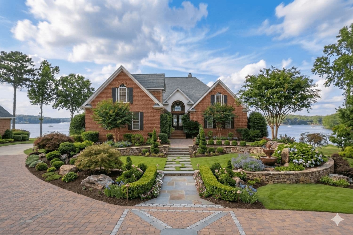 Large red brick house with a circular driveway and formal gardens