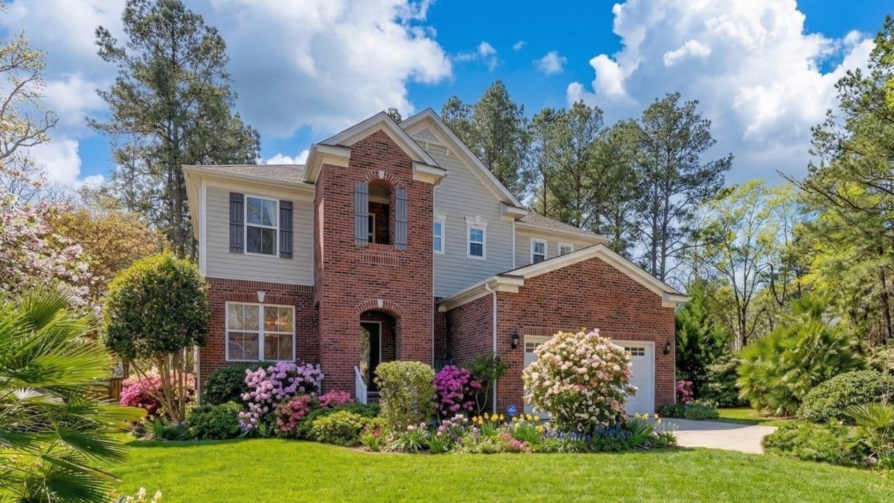 Residential home exterior with a manicured lawn