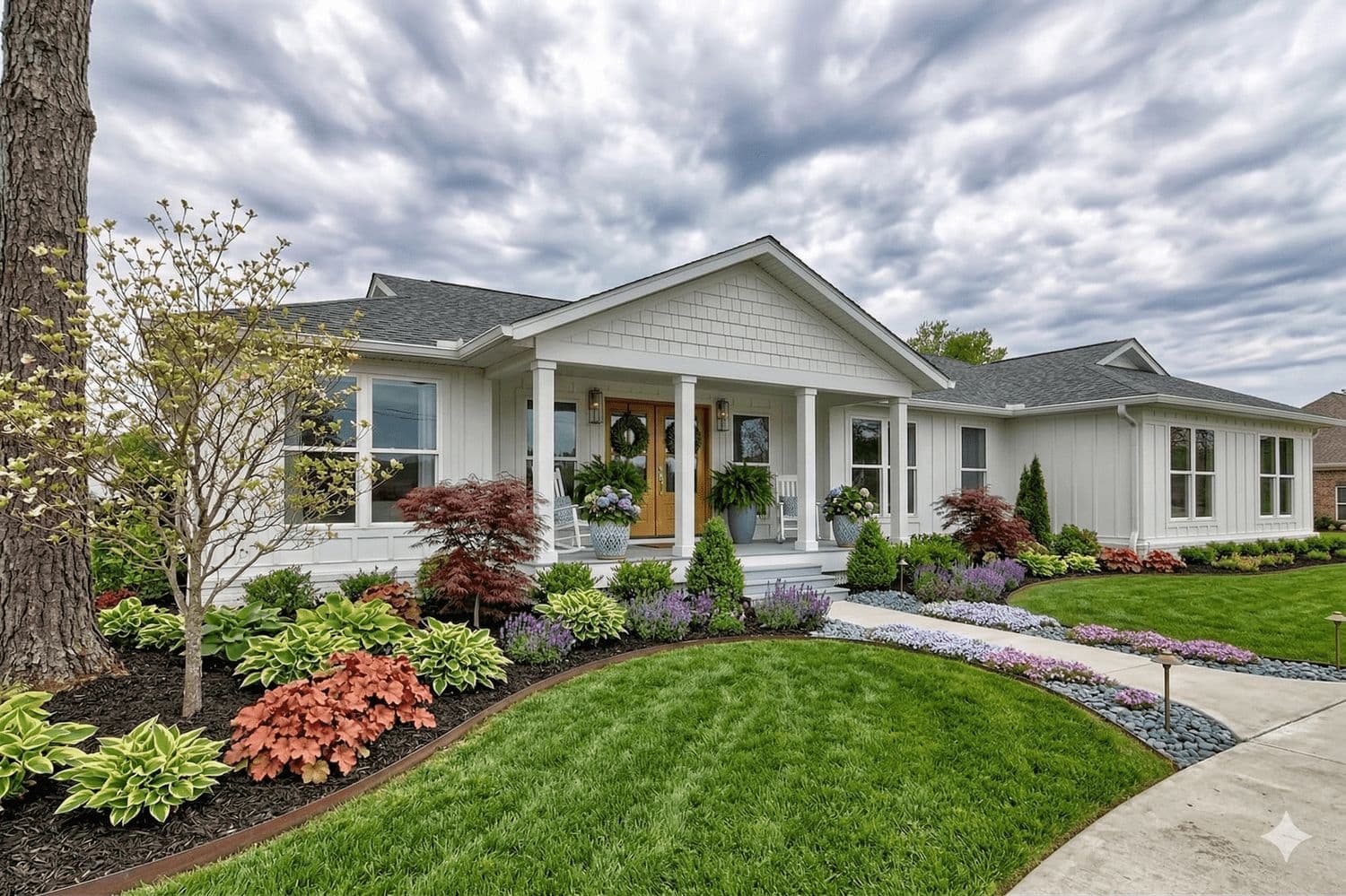White one-story house with flowers and professional landscaping