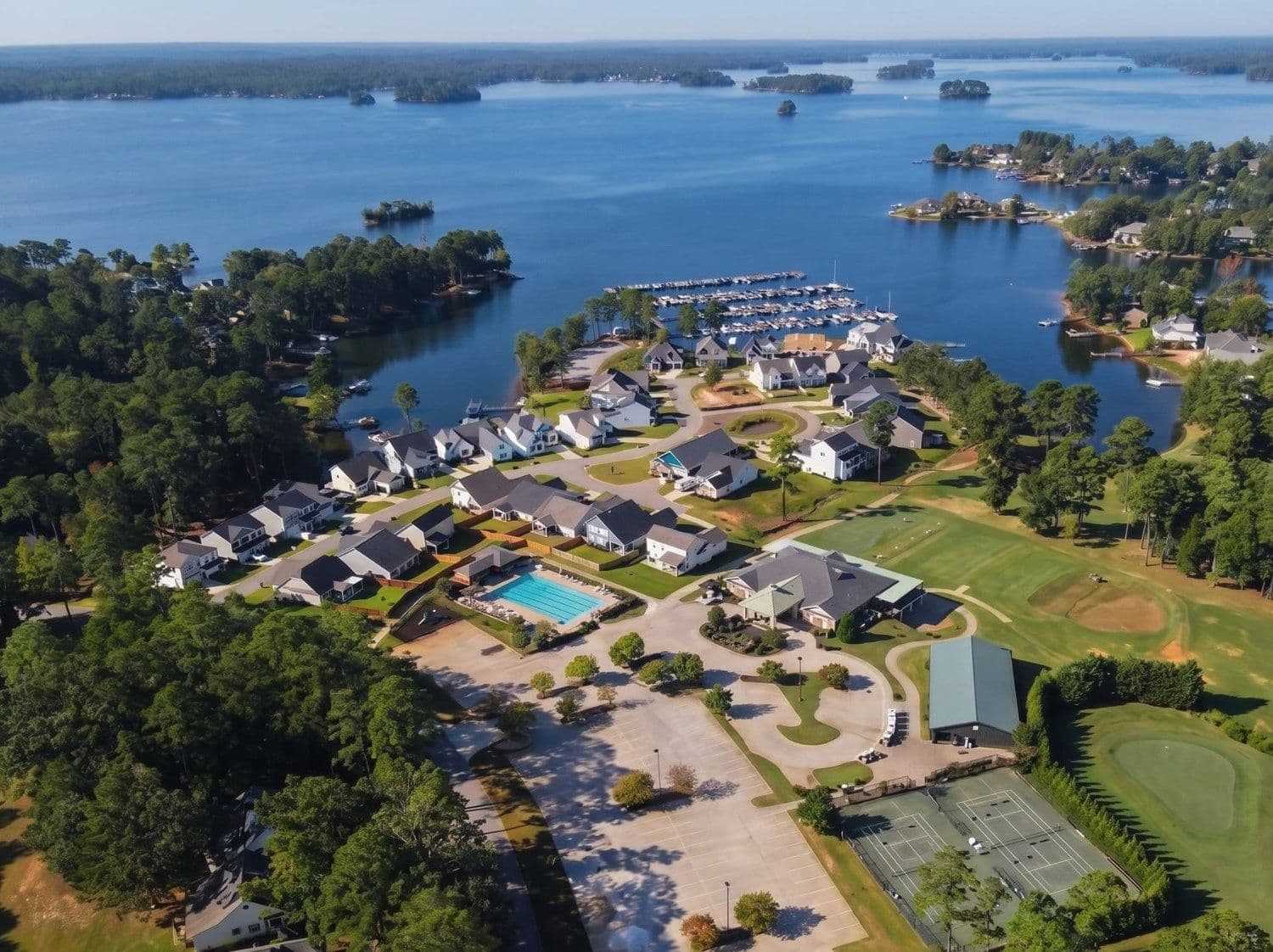 Aerial of a lakeside community with pool and tennis courts near the shore