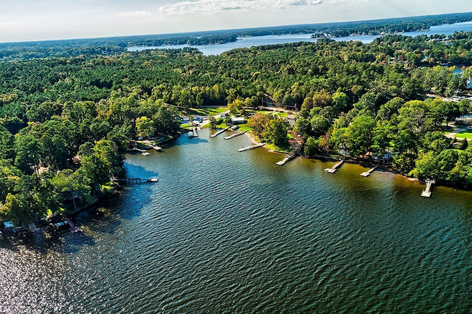 Aerial of a wooded peninsula with homes nestled along the water