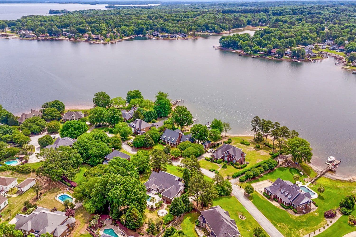 High aerial of Lake Murray with peninsulas and wooded shoreline