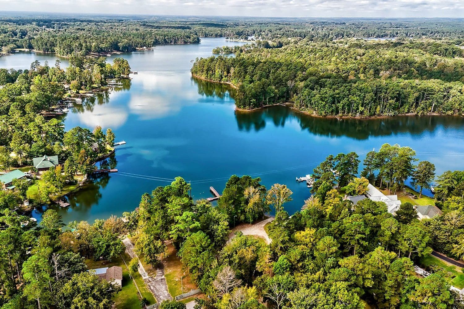 High-angle view of a calm blue inlet surrounded by thick green forest