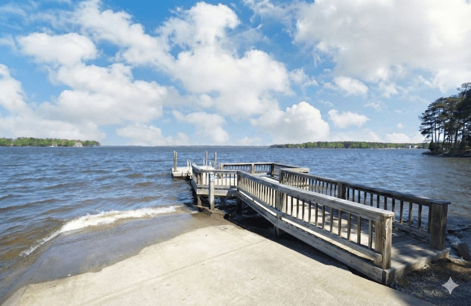 Small sandy beach area looking toward a wooden dock on the lake