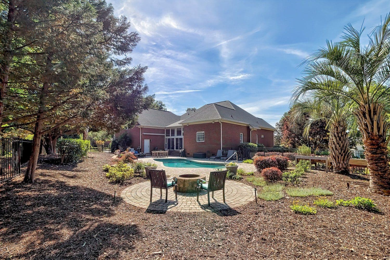Backyard pool and patio with a small palm tree