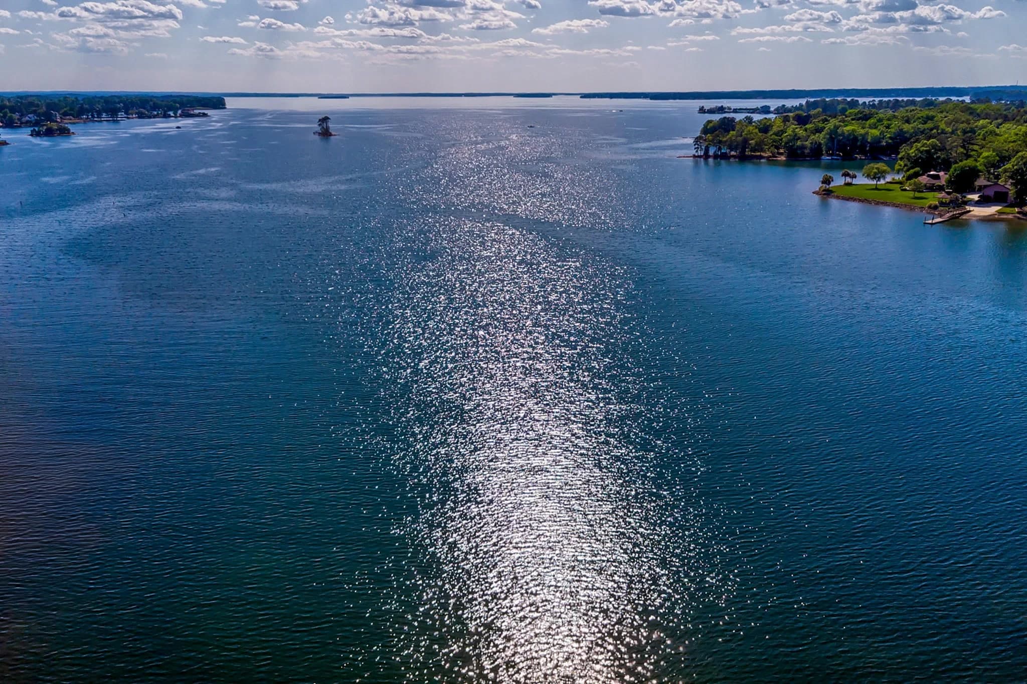 Sunlight on open water beside a wooded shoreline