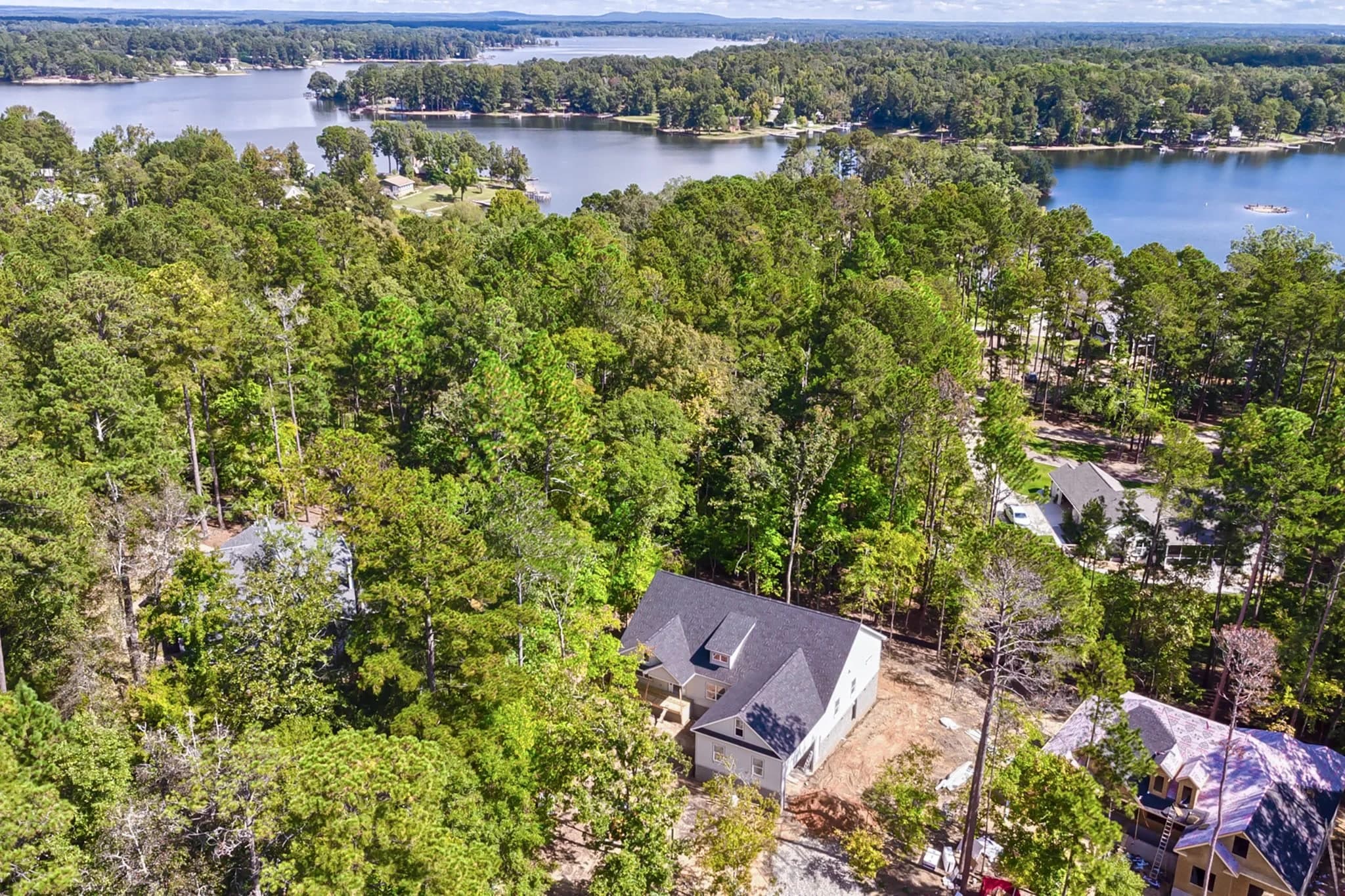 Homes in the trees with the lake in the distance