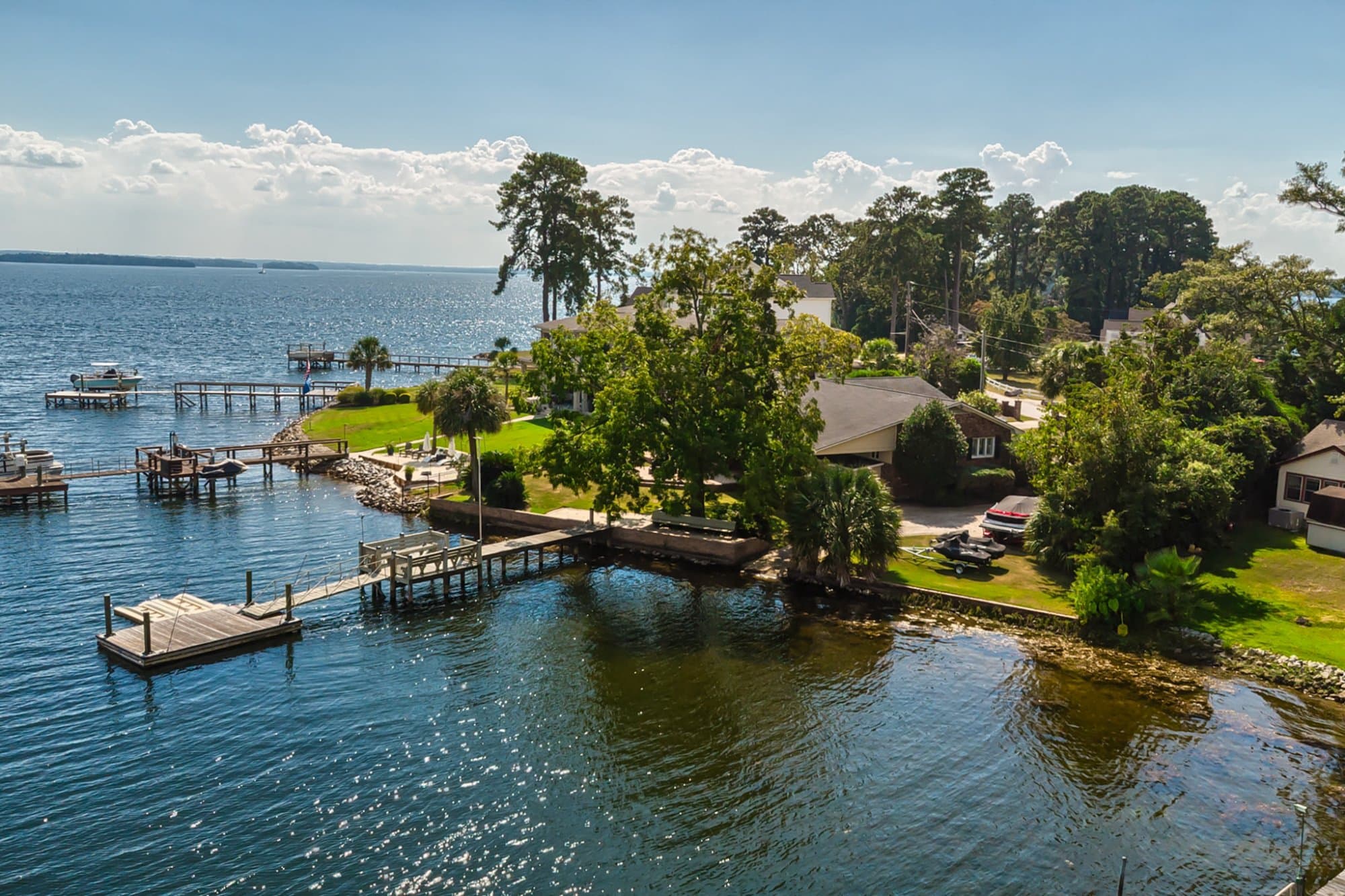 Aerial waterfront community with private docks, Lake Murray, SC