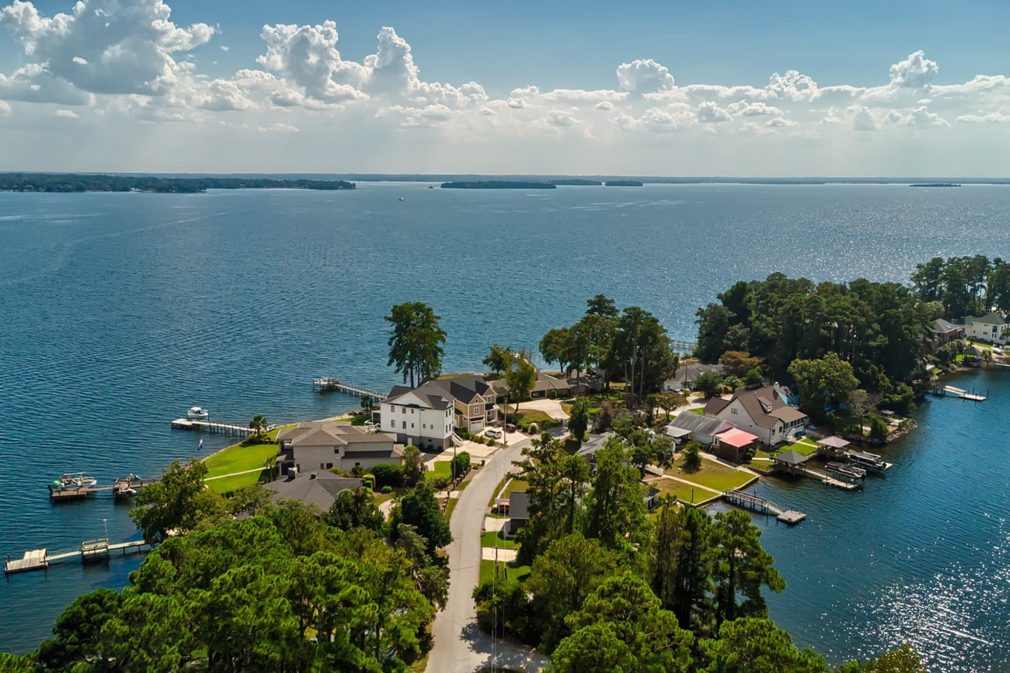 Aerial peninsula community with private docks, Lake Murray, SC