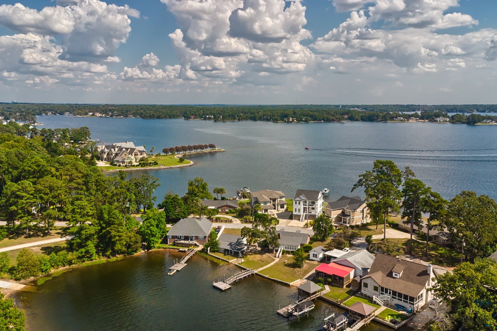 Aerial docks and lakefront community at sunset, Lake Murray, SC